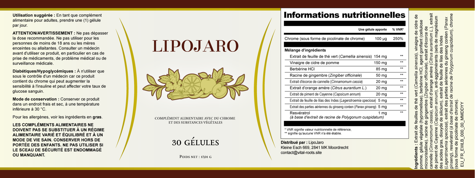 Supplement facts label