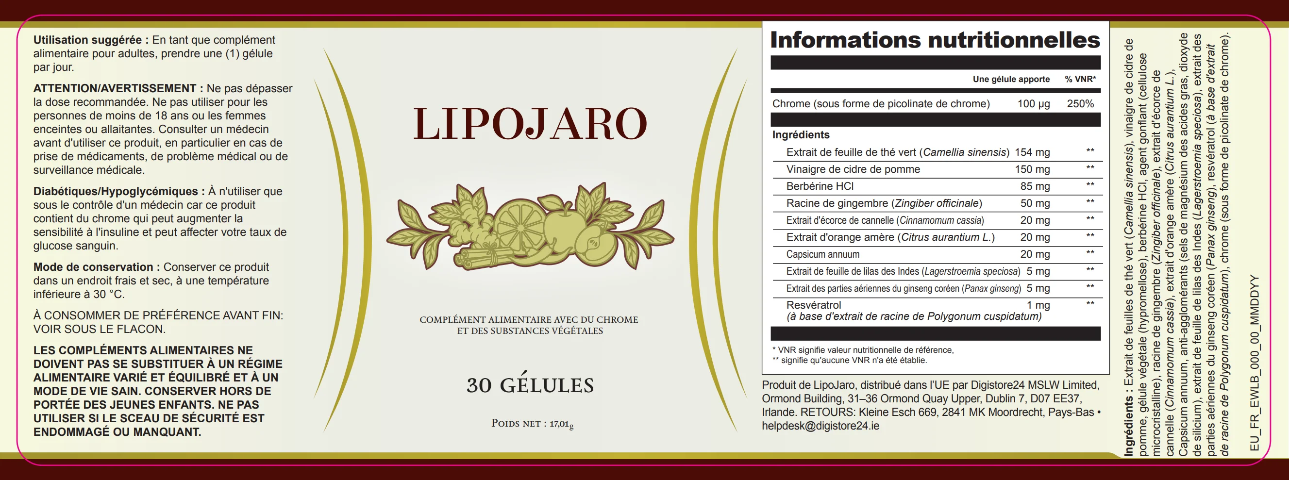 Supplement facts label